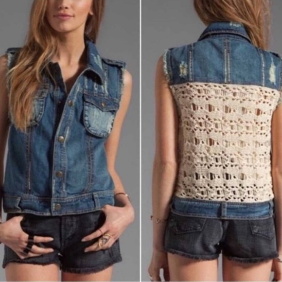 Free People Jackets & Blazers - Free People crochet jeans Vest Jacket distressed Macrame Cargo Moody Blue Combo